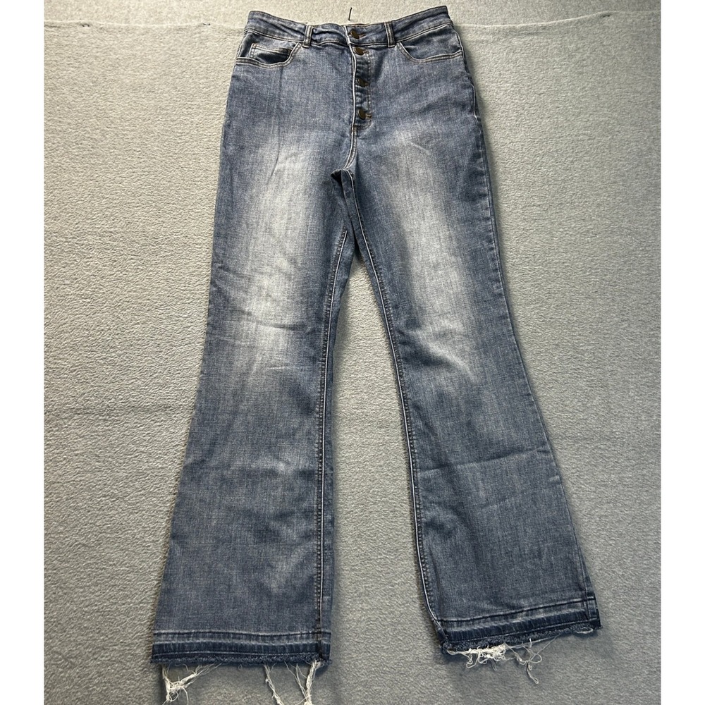 Flare Jeans Womens‎ Size 11 Raw Hem Distressed Y2K Medium Wash Denim GB